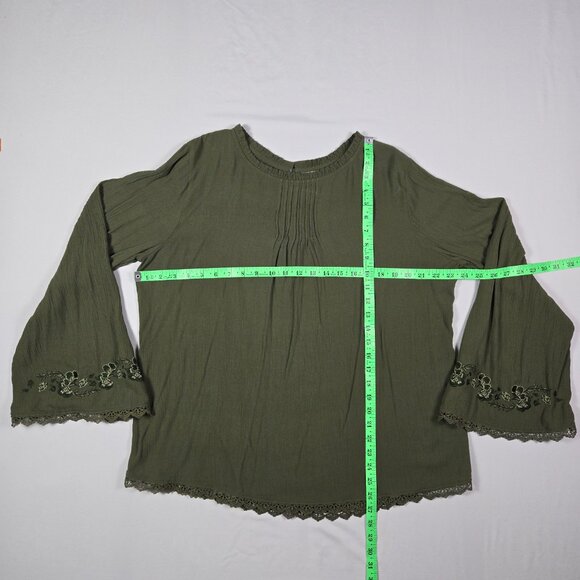 Olive Green Lace Trim Embroidered Blouse Time and Tru L Boho Festival - Picture 9 of 13